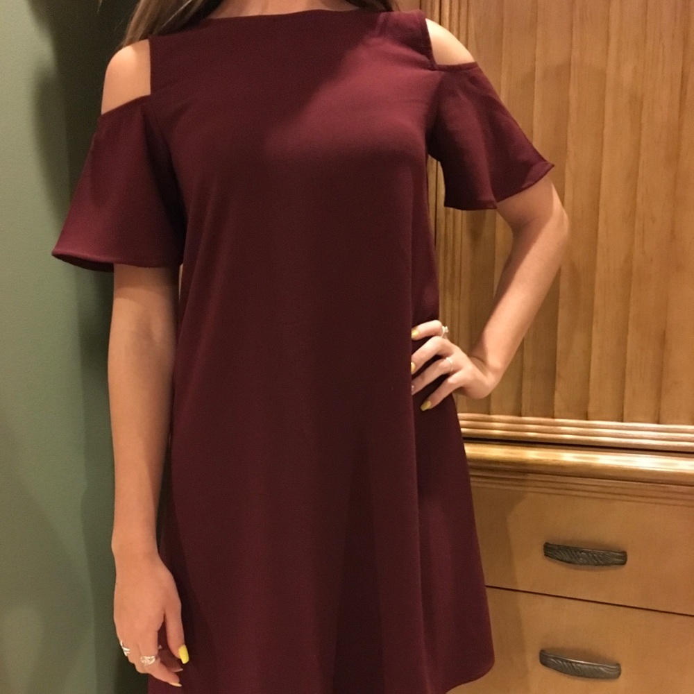 Maroon Peak-a-Boo Shoulder Dress